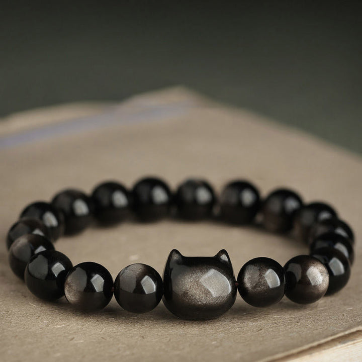 Buddha Stones Obsidiana con brillo dorado Obsidiana con brillo plateado Pata encantadora Pulsera de protección del gato de la suerte - image 13