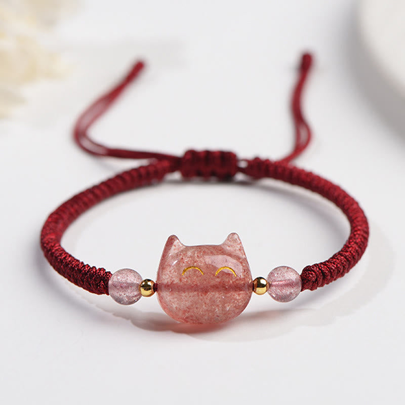 Buddha Stones hechas a mano, plata Natural brillante, obsidiana, cuarzo fresa, pulsera trenzada de protección de gato lindo - Cuarzo fresa (Amor ♥ Sanación) - Gato sonriente - image 8