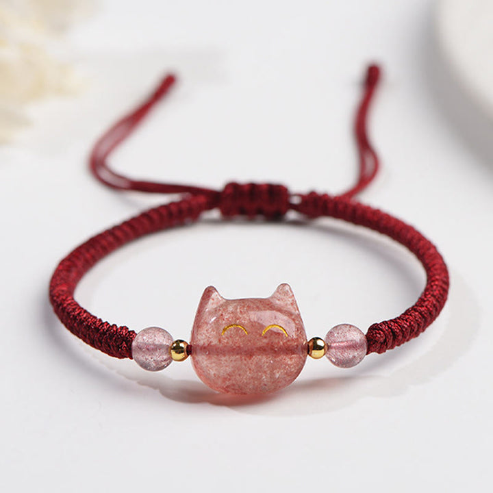 Buddha Stones hechas a mano, plata Natural brillante, obsidiana, cuarzo fresa, pulsera trenzada de protección de gato lindo - Cuarzo fresa (Amor ♥ Sanación) - Gato sonriente - image 8
