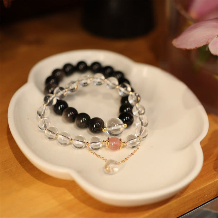 Pulsera de pareja de Color Yin Yang con protección de cristal blanco de cristal rosa obsidiana con brillo de plata Natural