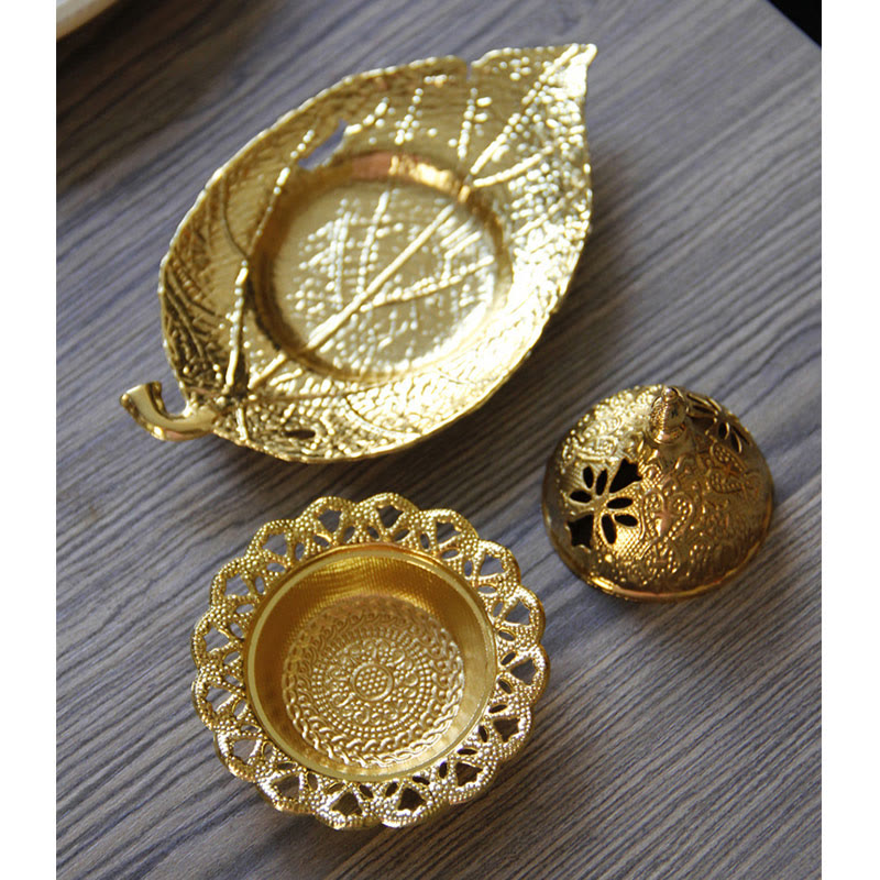 Quemador de incienso de meditación con posavasos de mini hojas de oro tibetano