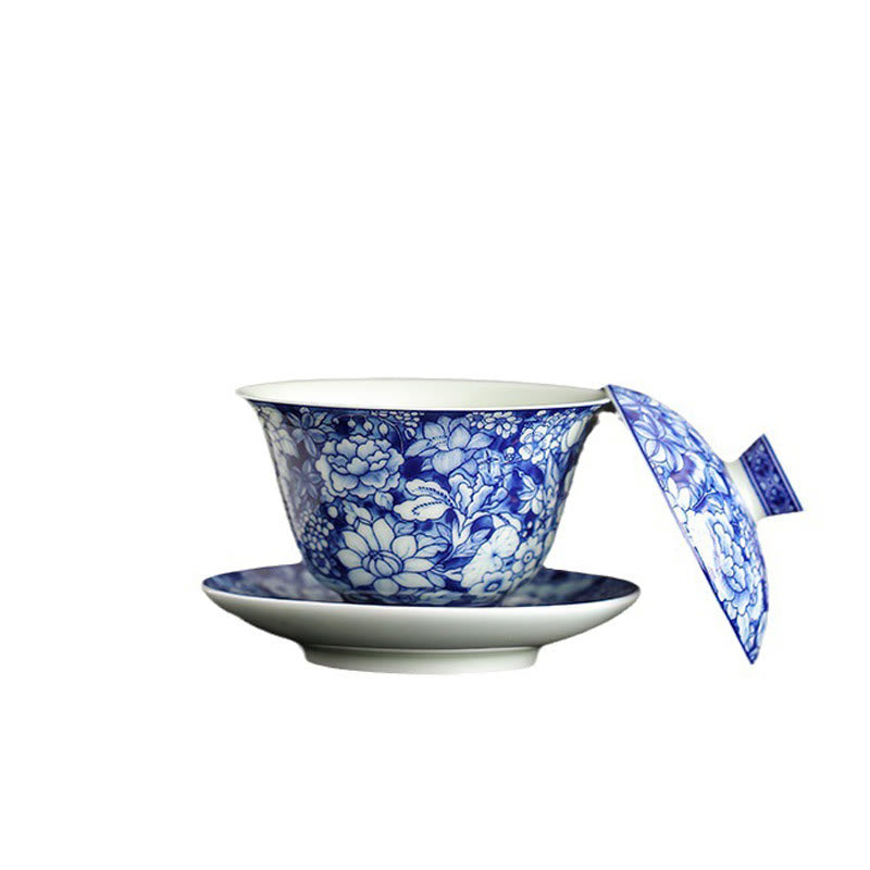 Taza de té y platillo de cerámica Gaiwan Sancai, porcelana azul y blanca Vintage, Buddha Stones , Kung Fu, con tapa