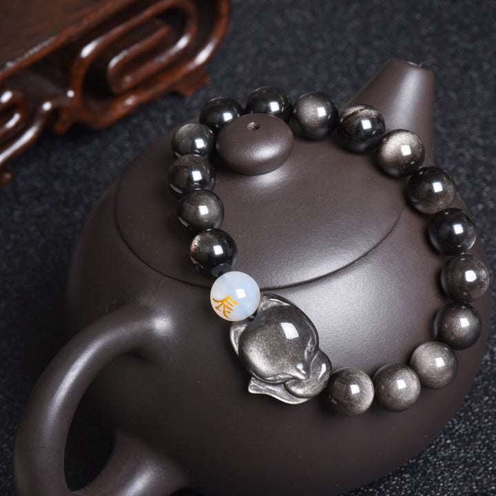 Buddha Stones Natural Arco Iris Obsidiana Oro Brillo Obsidiana Plata Brillo Obsidiana Zorro Curación Pulsera