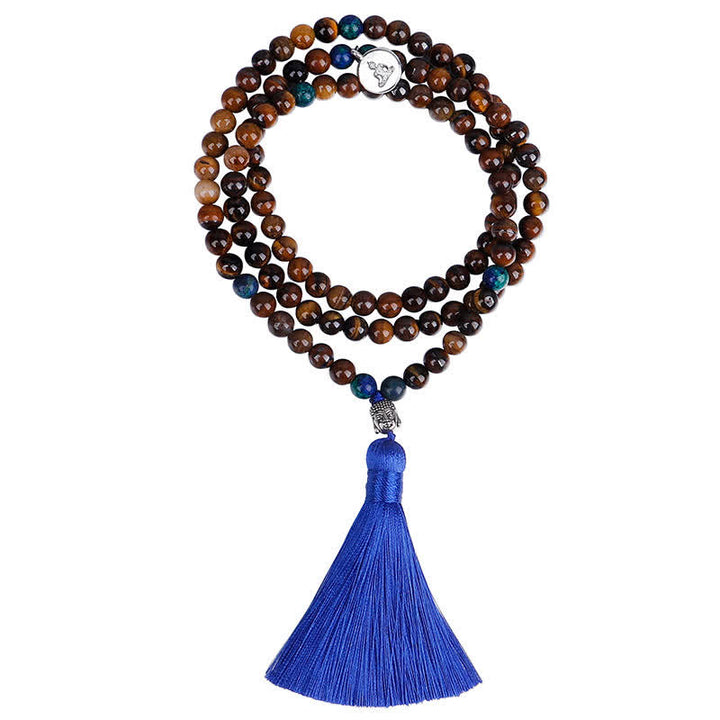 Buddha Stones 108 cuentas Mala, ojo de tigre, pulsera de fuerza de Buda, colgante de collar con borlas