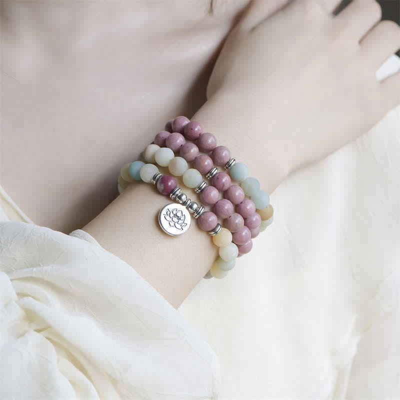 Buddha Stones Lazurita Jaspe Picasso Amazonita Rodonita Apatita Pulsera de cuentas de oración de loto positivo
