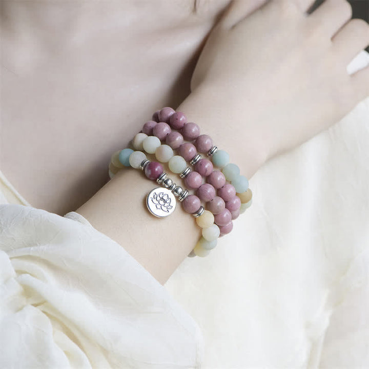 Buddha Stones Lazurita Jaspe Picasso Amazonita Rodonita Apatita Pulsera de cuentas de oración de loto positivo
