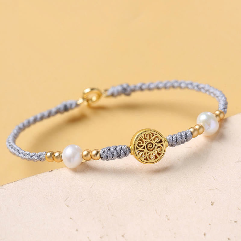Pulsera trenzada de cuerda azul con Buddha Stones, moneda de cobre, árbol de la fortuna, perla, suerte
