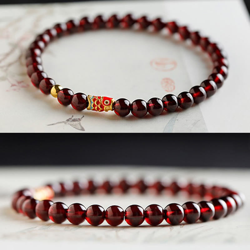 Pulsera de protección con granate natural y pez Koi de oro 999 de Buddha Stones - image 7