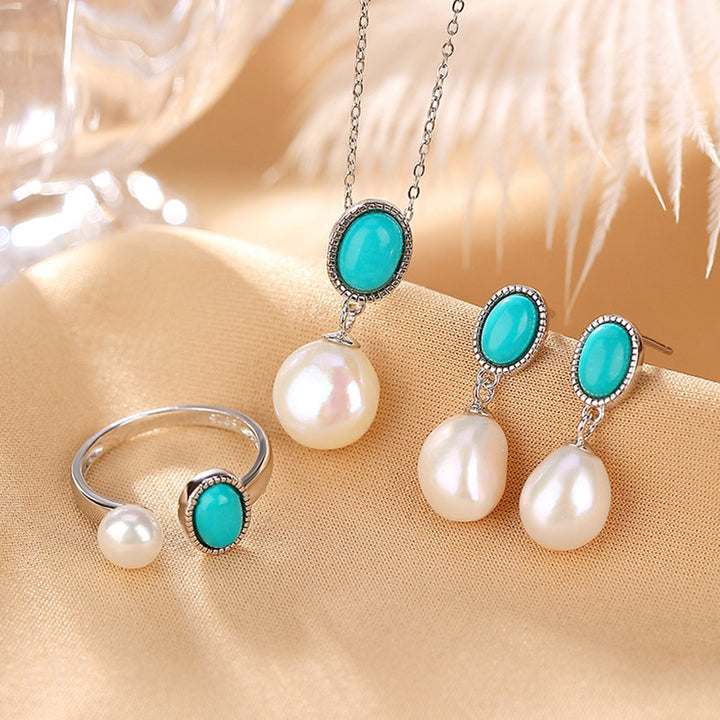 Buddha Stones Plata de Ley 925 Perla Turquesa Curación Sabiduría Collar Colgante Anillo Pendientes