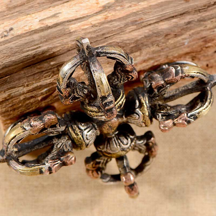 Tibetano hecho a mano 5 puntas doble Dorje cobre hierro Thunderbolt fuerza Vajra