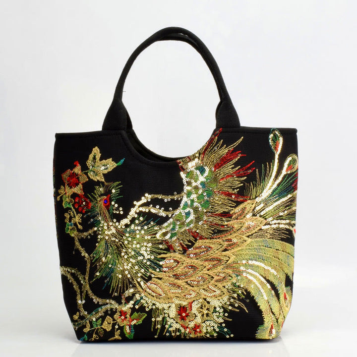Bolso tote con bordado de pavo real y Buddha Stones, bolso de hombro, bolso cruzado - Pavo real negro - Bolso de mano sencillo - image 15