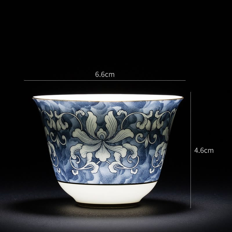 Taza de té de cerámica de porcelana azul y blanca, Buddha Stones, flores coloridas, orquídeas, olas del mar, taza de té de Kung Fu