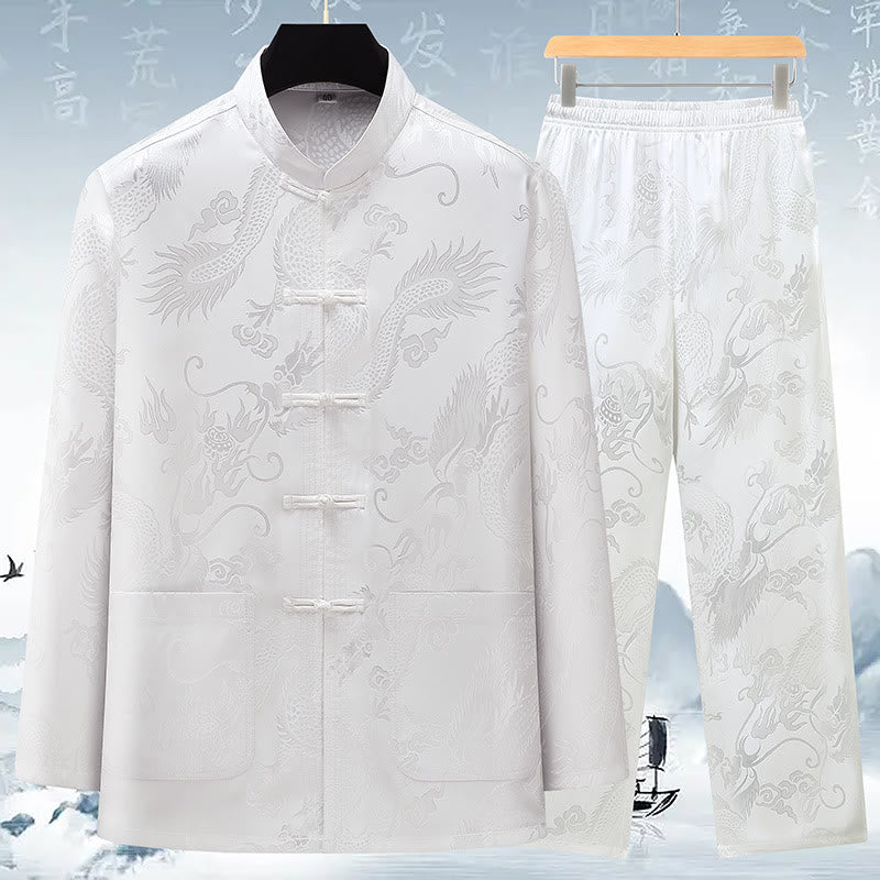 Traje Tang de Buddha Stones Hombres Hanfu Dragón Chino Ropa Tradicional Camisa de Kung Fu Uniforme Abrigo de Manga Larga Tops y Pantalones Ropa Conjunto para Hombres - Blanco - US/UK/AU42, EU52 (3XL) - image 16
