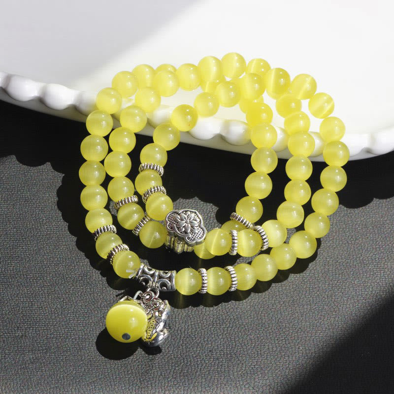 Pulsera de triple vuelta con soporte PiXiu de ojo de gato y Buddha Stones
