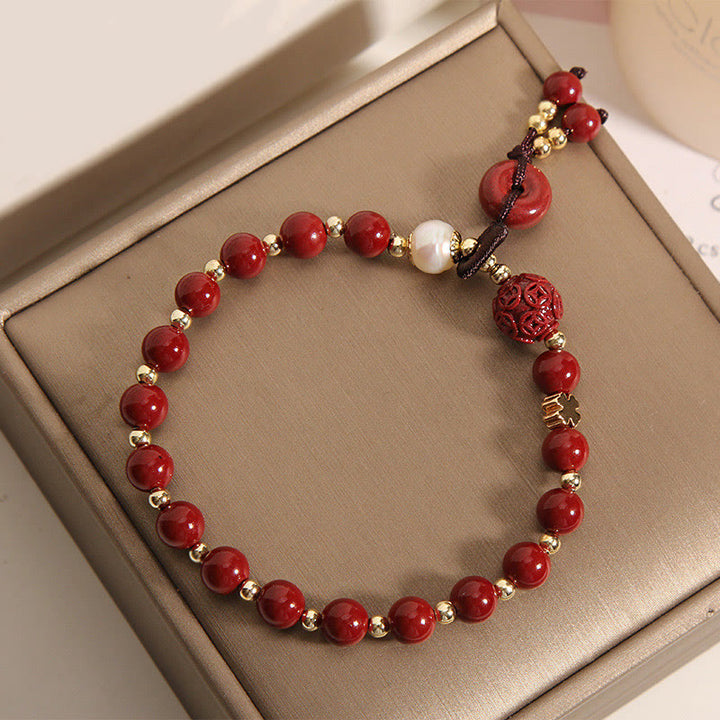 Pulsera de bendición con dije de moneda de cobre con hebilla de paz de cinabrio Natural con Buddha Stones