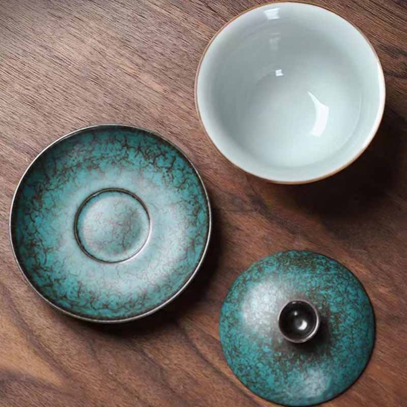 Taza de té y platillo con tapa, Gaiwan Sancai de cerámica verde, pino tradicional, Buddha Stones , Kung Fu