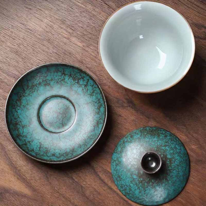 Taza de té y platillo con tapa, Gaiwan Sancai de cerámica verde, pino tradicional, Buddha Stones , Kung Fu