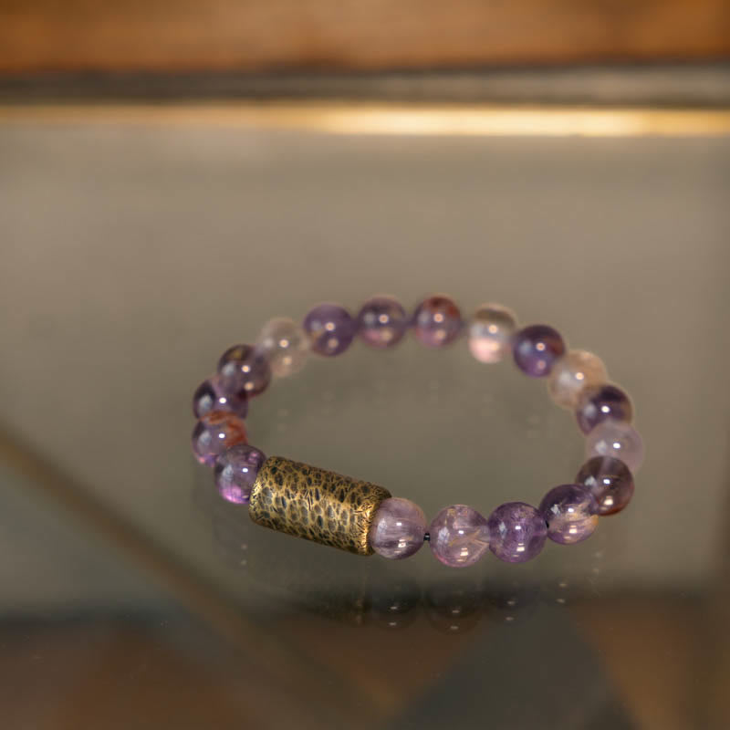 Buddha Stones Cristal blanco Cuarzo hematoide rojo Cuarzo rutilado dorado Pulsera de protección fantasma púrpura
