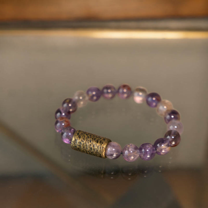 Buddha Stones Cristal blanco Cuarzo hematoide rojo Cuarzo rutilado dorado Pulsera de protección fantasma púrpura