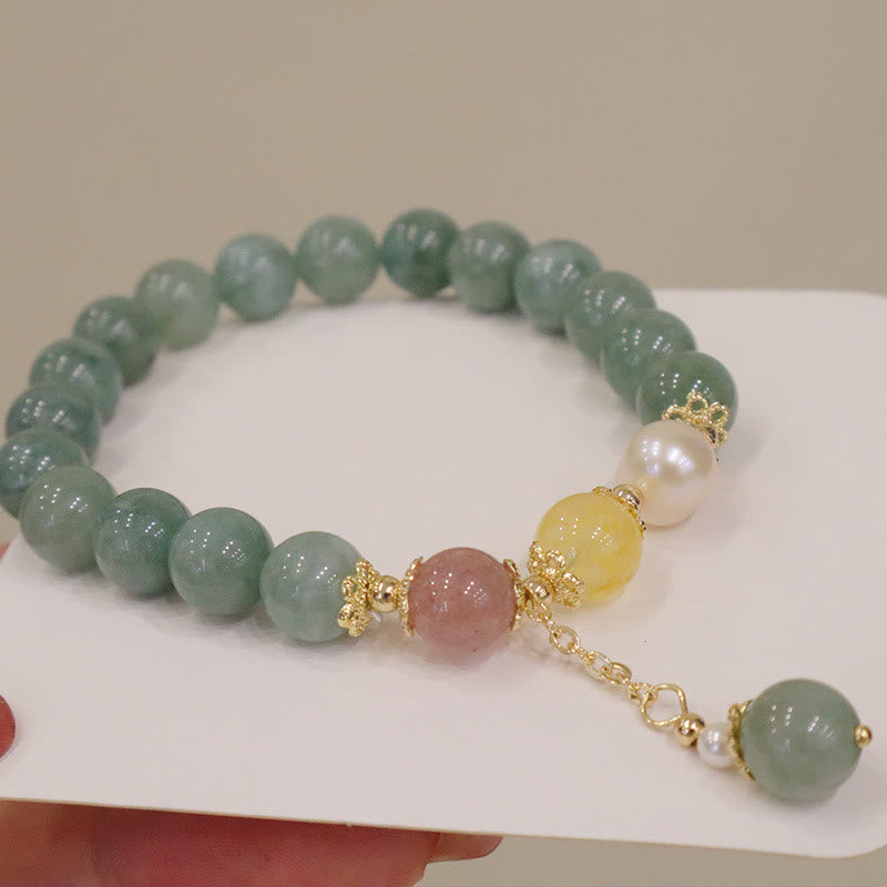 Buddha Stones Jade Perla Fresa Cuarzo Abundancia Suerte Pulsera con dijes de cuentas
