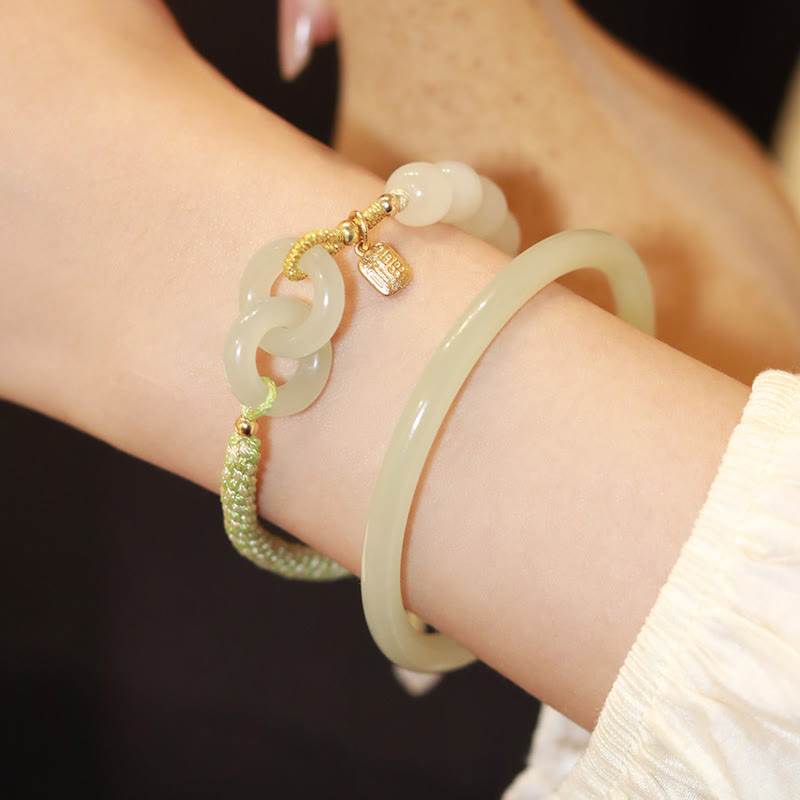 Pulsera trenzada con doble hebilla de paz y cuentas de jade hetiano natural, Buddha Stones, carácter Fu, abundancia