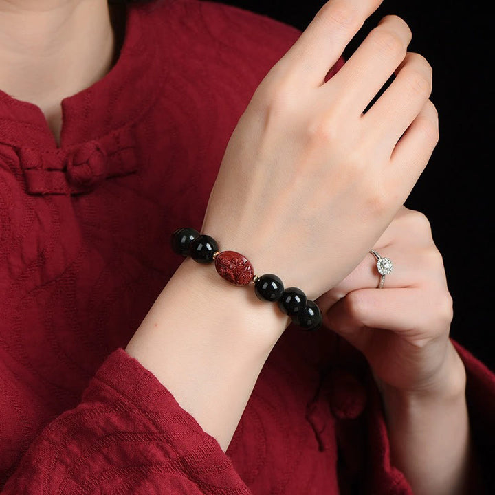 Pulsera de purificación de cinabrio de obsidiana negra Natural de Buda natal del zodiaco chino con Buddha Stones