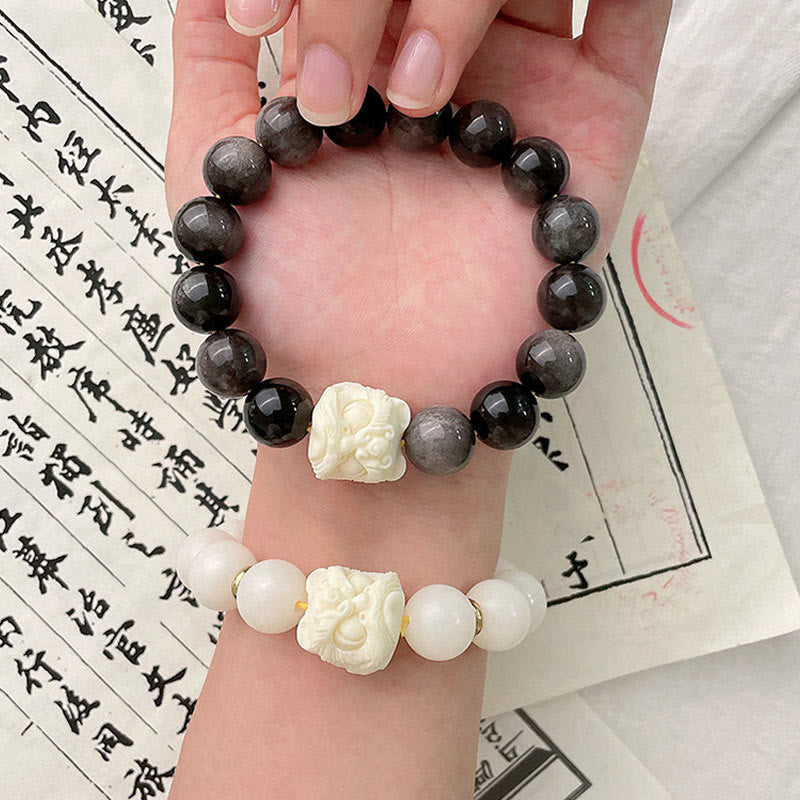 Pulsera de protección con Buddha Stones, obsidiana con brillo plateado, semilla de Bodhi, marfil, fruta, león danzante