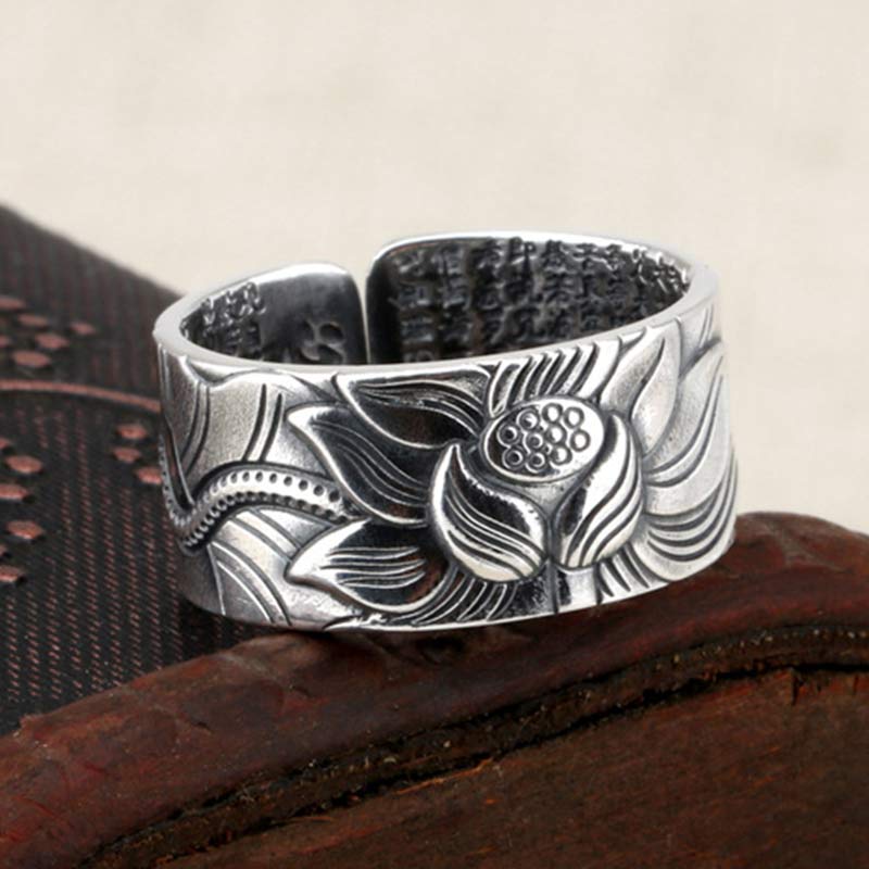 Anillo de protección Sutra de corazón con símbolo de loto de plata de ley 999 con Buddha Stones