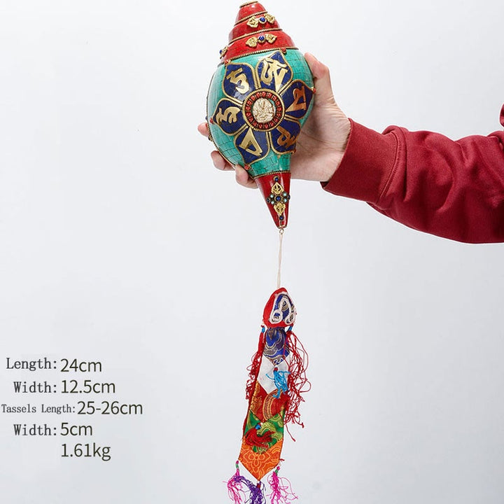 Tibetano hecho a mano Shankha Om Mani Padme Hum Buda Avalokitesvara turquesa Concha decoración positiva - Om Mani Padme Hum-Tara Blanca 24*12.5cm - image 25