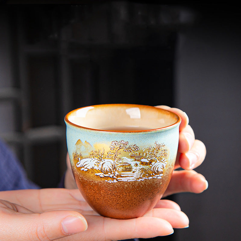 Buddha Stones, ciervo colorido, Pipa, nieve, flores de ciruelo, montañas, ríos, pájaro, taza de té de cerámica, tazón de té de Kung Fu