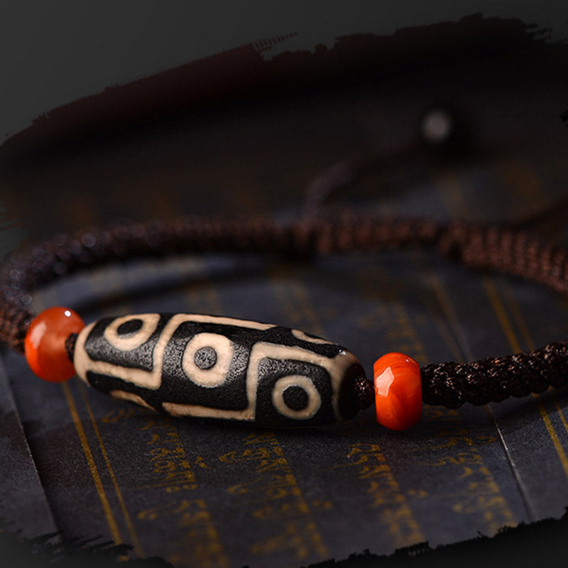 Pulsera de hilo de prosperidad con cuentas Dzi tibetanas de nueve ojos con Buddha Stones