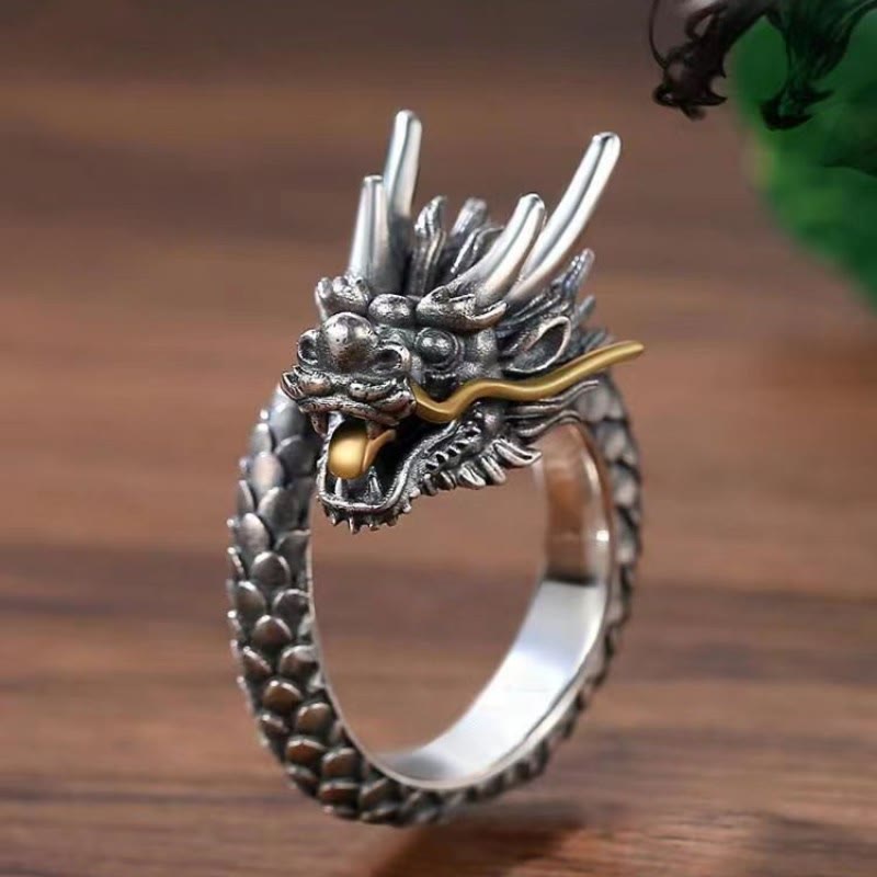 Anillo ajustable de fuerza de protección con diseño de dragón vintage de plata de ley 925 con Buddha Stones - Dragón de cobre - image 0