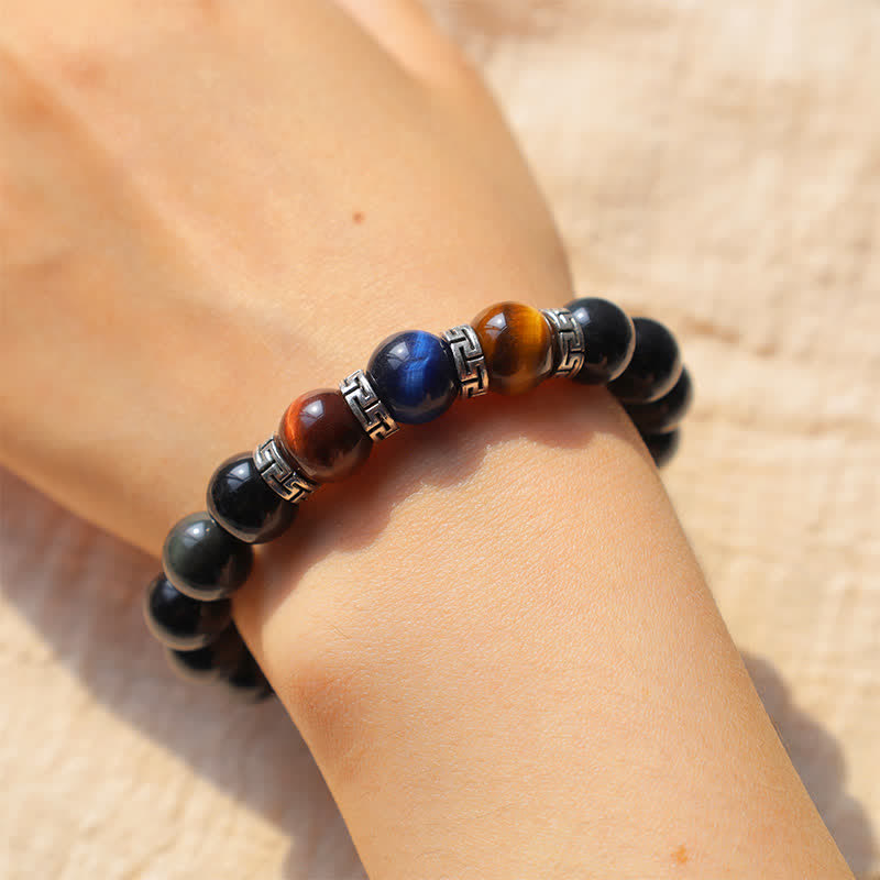 Pulsera de fuerza de ojo de tigre tricolor de obsidiana negra natural