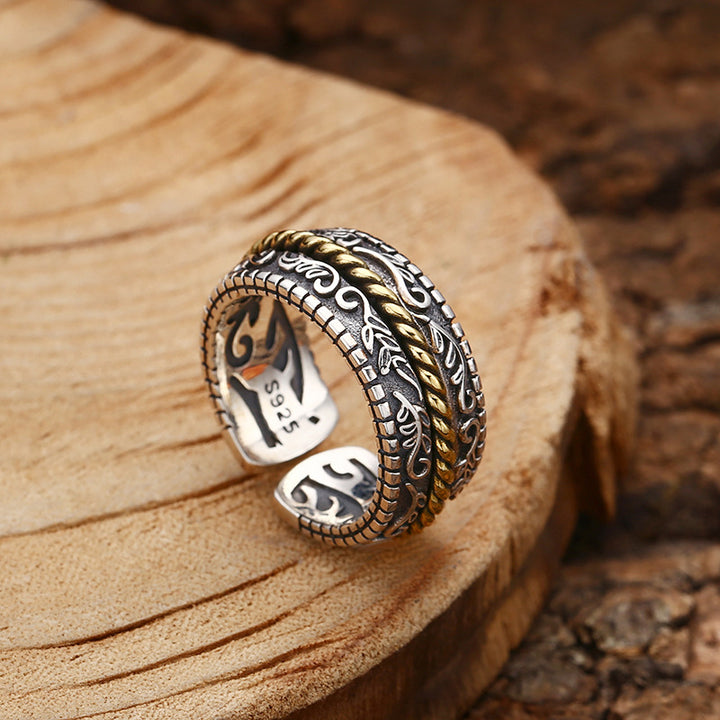 Anillo ajustable de la suerte con diseño de flor de la dinastía Tang de plata de ley 925 con Buddha Stones