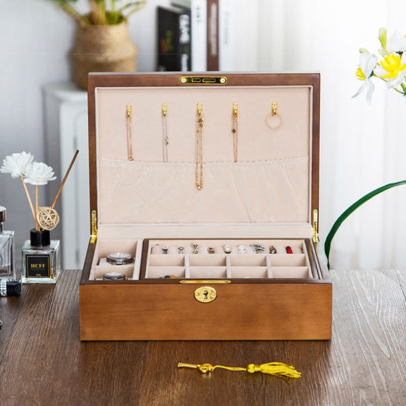 Caja de joyería de madera vintage con Buddha Stones, caja de almacenamiento de joyería de madera maciza de dos capas
