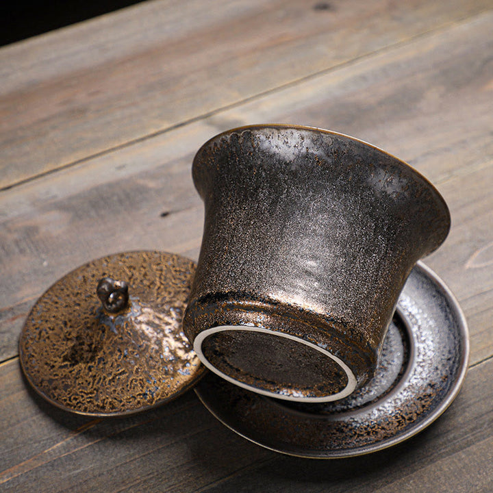 Taza de té y platillo de cerámica con esmalte de óxido Retro, Buddha Stones , Gaiwan Sancai, Kung Fu, con tapa