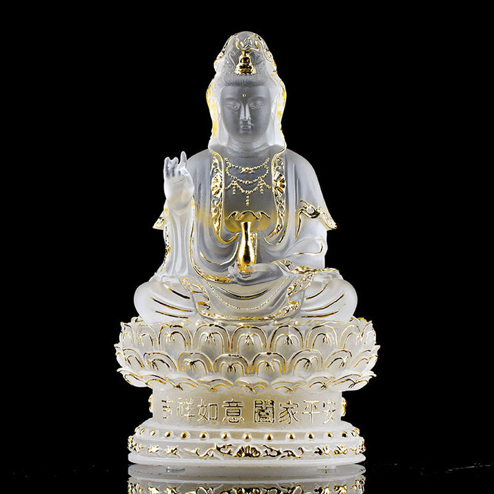 Buddha Stones Kwan Yin Avalokitesvara, estatuilla hecha a mano, pieza de arte de cristal Liuli, estatua de riqueza, decoración para el hogar - 15,5 cm Blanco y dorado - image 8