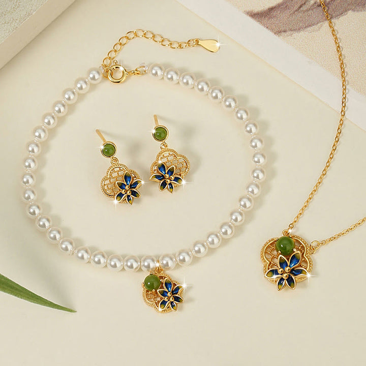 Juego de pendientes y pulsera con colgante de plata de ley 925 con Buddha Stones, flor de trébol de cuatro hojas, perla de Jade cian hetiano, curación