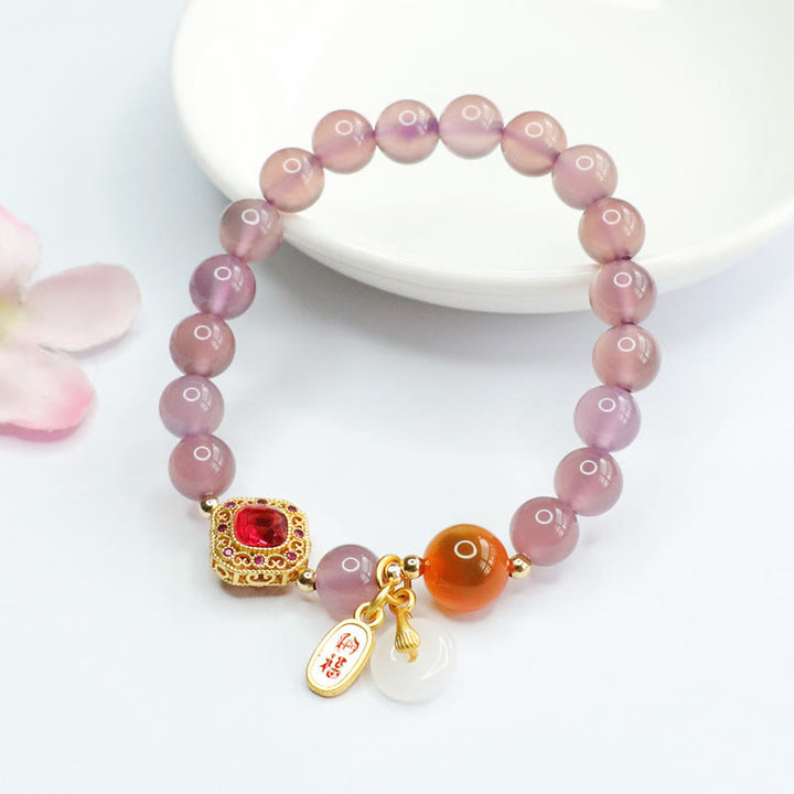 Buddha Stones, Calcedonia púrpura Natural, ágata de caramelo, hebilla de la paz, pulsera con amuleto de la suerte y la armonía