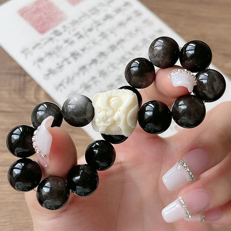 Pulsera de protección con Buddha Stones, obsidiana con brillo plateado, semilla de Bodhi, marfil, fruta, león danzante