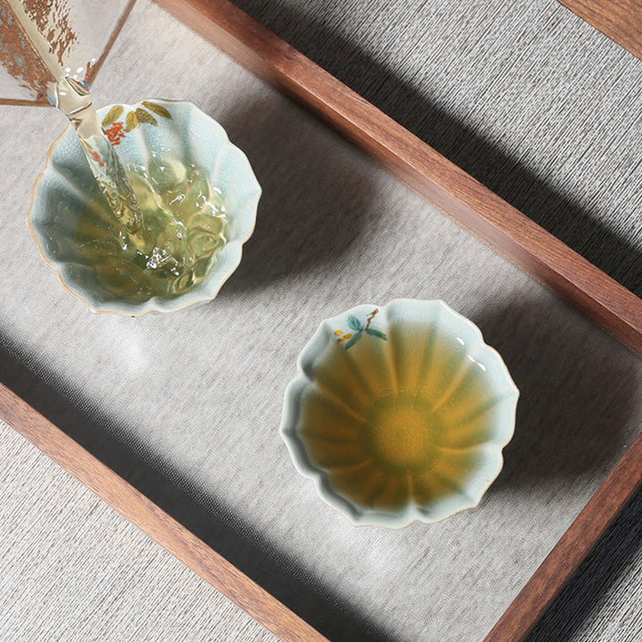 Taza de té de cerámica de Kung Fu con Buddha Stones , níspero, cornejo, espino, gloria de la mañana