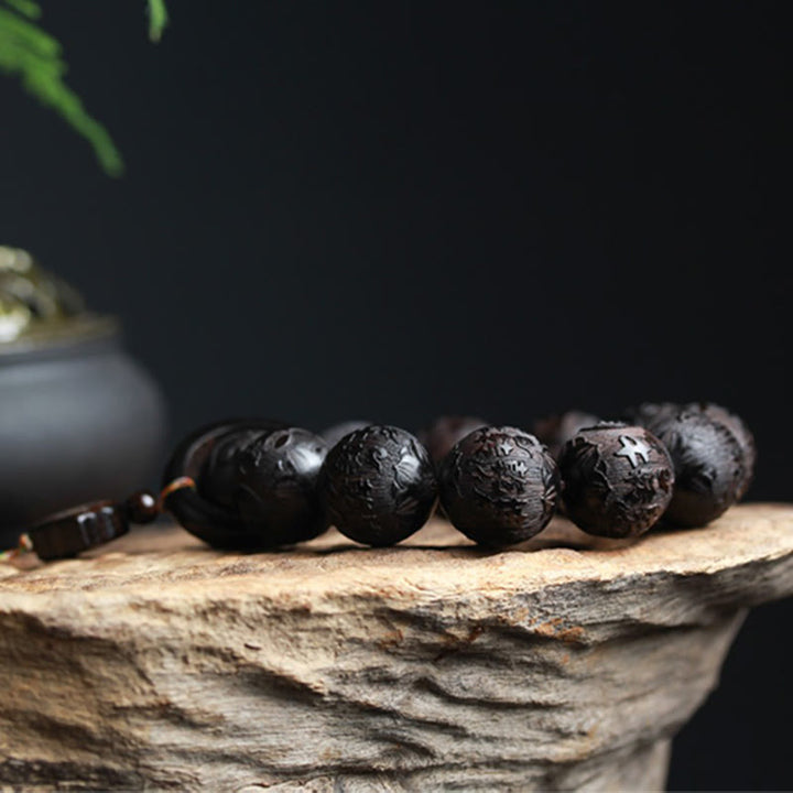 Pulsera de equilibrio de calabaza grabada con Buddha Stones , madera de ébano, carácter chino, Yin Yang