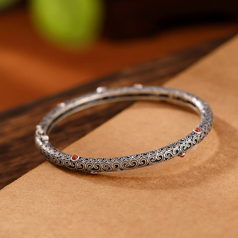 Brazalete de pulsera de la suerte de cobre con ágata roja grabada con diseño de flor de la dinastía Tang Vintage