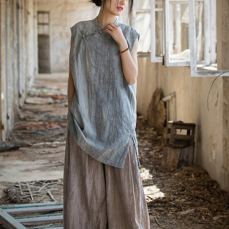 Camiseta sin mangas con botones de rana de lino y ramio teñida anudada hecha a mano con Buddha Stones