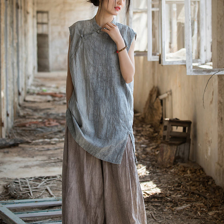 Camiseta sin mangas con botones de rana de lino y ramio teñida anudada hecha a mano con Buddha Stones