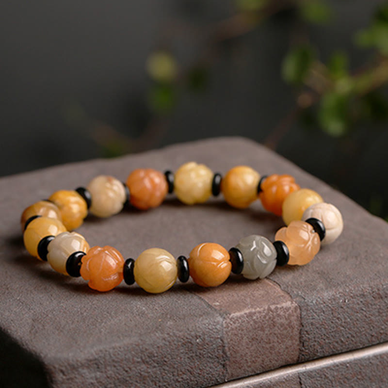 Pulsera de suerte y riqueza de loto de jade de seda dorada