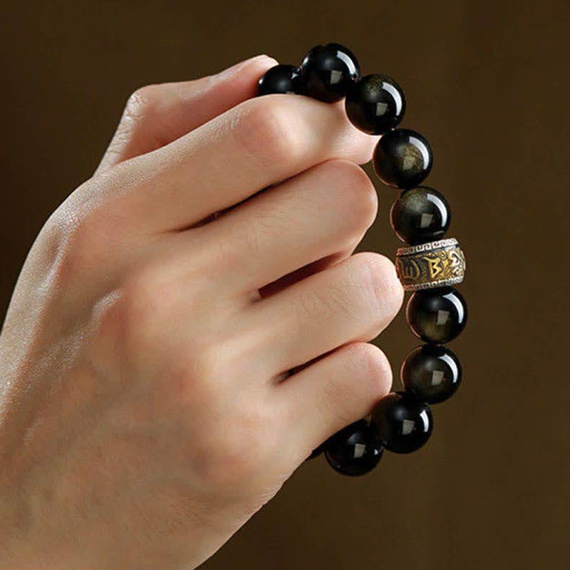 Pulsera de protección Om Mani Padme Hum de cinabrio PiXiu de obsidiana con brillo dorado de Buddha Stones