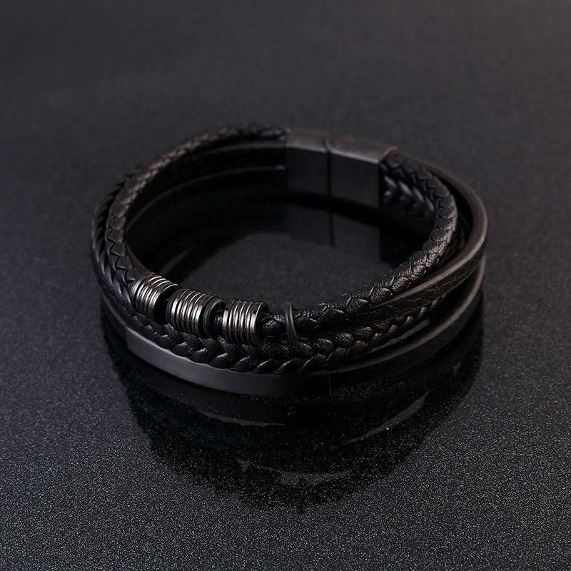 Pulsera con hebilla magnética trenzada con equilibrio de acero y titanio multicapa de cuero con Buddha Stones