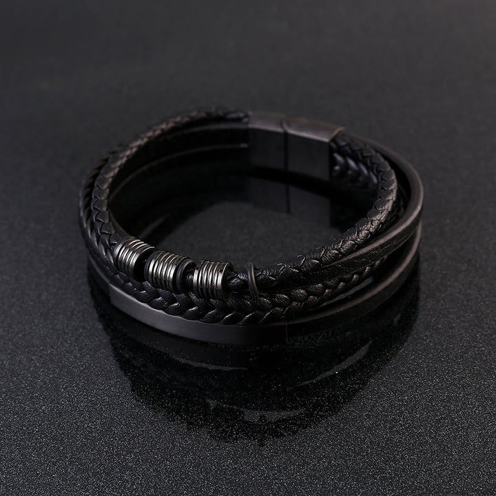 Pulsera con hebilla magnética trenzada con equilibrio de acero y titanio multicapa de cuero con Buddha Stones
