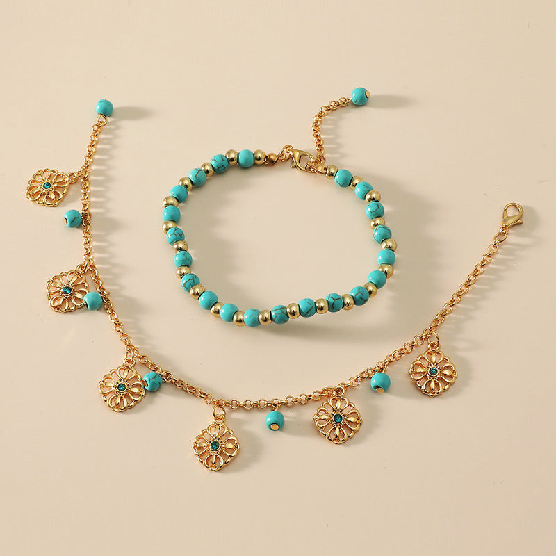 Tobillera con pulsera de protección de flores de piedra turquesa de 2 piezas
